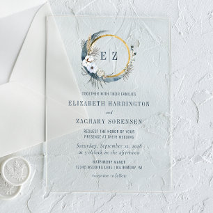 Boho-Mond-Monogramm-Kranz Indigo Hochzeit Acryleinladungen