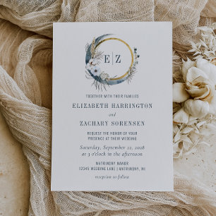 Boho-Mond-Monogramm-Kranz Indigo Hochzeit Einladung