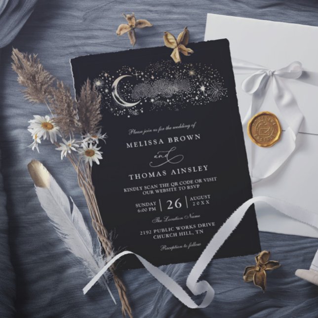 Boho Mond Sterne Himmel Schwarz QR Code Hochzeit Einladung (Von Creator hochgeladen)