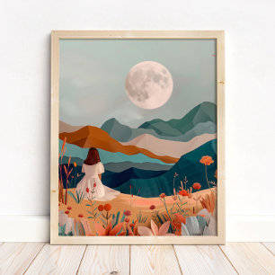 Boho Mondbeschienenes Wüstenlandschaft-Wandkunst-D Poster
