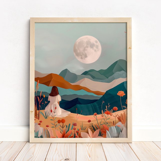 Boho-Mondbeschienenes Wüstenlandschaft-Wandkunst-D Poster (Boho Moonlit Desert Landscape Wall Art Print in a neutral wooden frame on the floor)