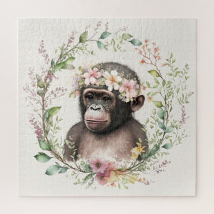 Boho Monkey in der Wildblume Wreath Square Puzzle