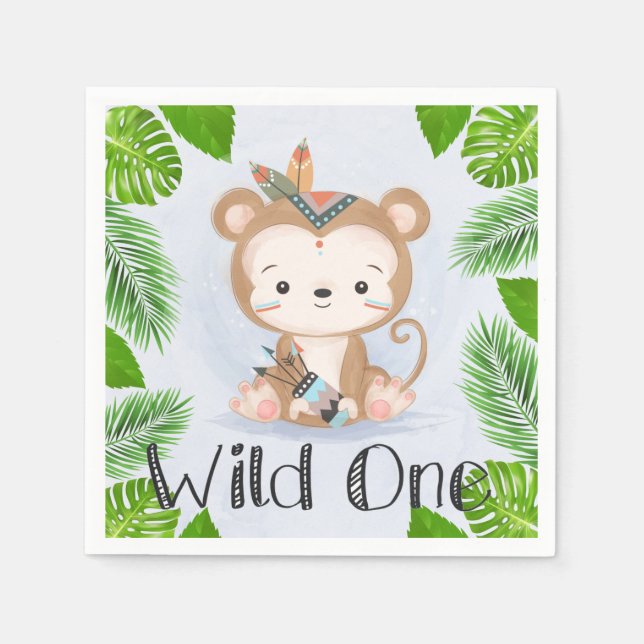 Boho Monkey Wild One Birthday Party Serviette (Vorderseite)