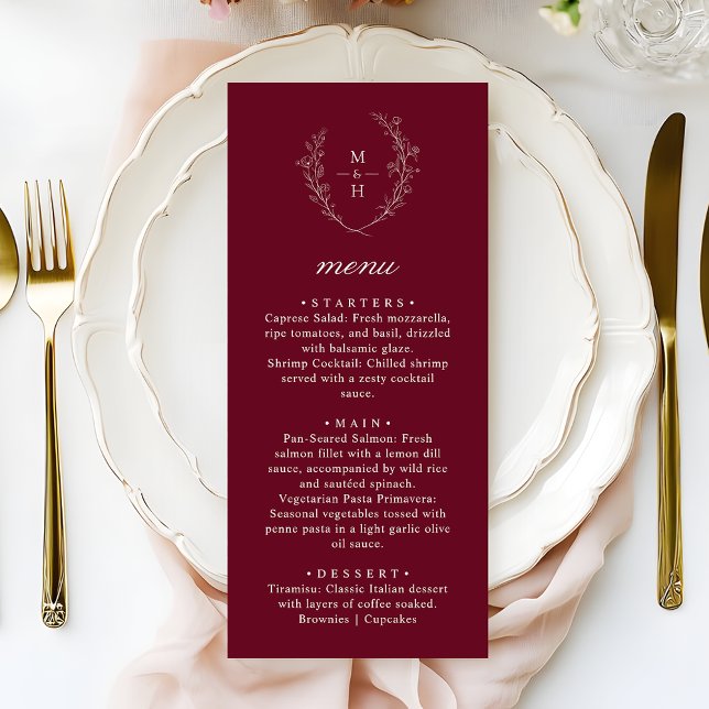 Boho Monogram Elegant Burgundy Wedding Dinner Menükarte (Von Creator hochgeladen)