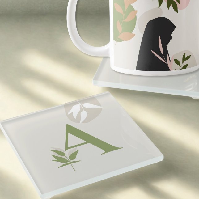 Boho Monogram Glass Coaster | Sage Green & Cream Glasuntersetzer (Von Creator hochgeladen)
