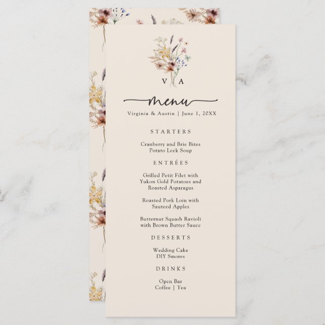 Boho Monogram Menus Menükarte (Vorne/Hinten)