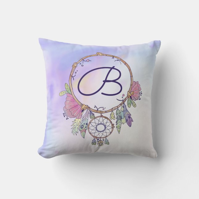 Boho Monogram Watercolor Dreamcatcher Throw Kissen (Vorderseite)