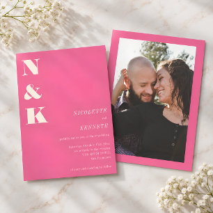 Boho-Monogramm-Initialen in Hot Pink Foto-Hochzeit Einladung
