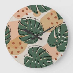 Boho monstera: abstraktes tropisches Muster Große Wanduhr