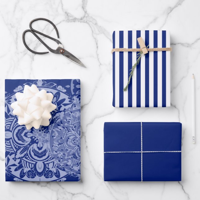 Boho Moody Blues Mandalas, Streifen und Solid Geschenkpapier Set (Vorderseite)