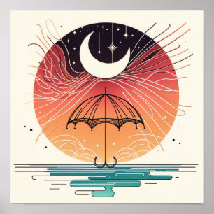 Boho Moon auf Regenschirm mit Fallenden Sternen Poster