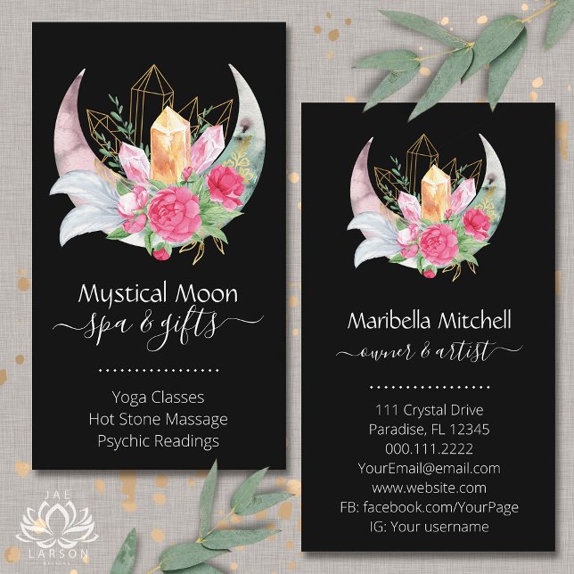 Boho Moon Crystals Feathers Blume Business Card Visitenkarte (Von Creator hochgeladen)