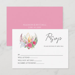 Boho Moon Crystals Feathers Pink Blume Hochzeit RSVP Karte