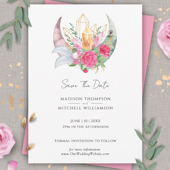 Boho Moon Crystals Feathers Pink Blume Hochzeit Save The Date (Von Creator hochgeladen)