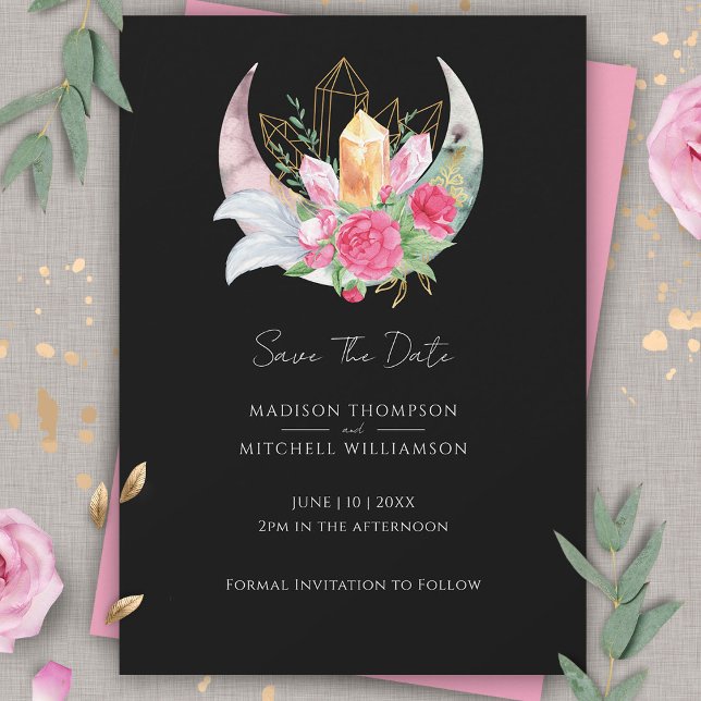 Boho Moon Crystals Feathers Pink Blume Hochzeit Save The Date (Von Creator hochgeladen)