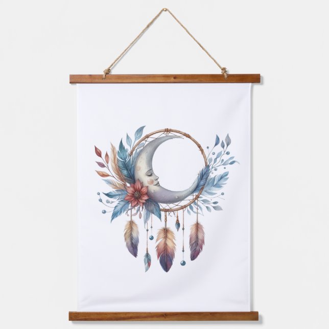 Boho Moon Hanging Tapestry Wandteppich Mit Holzrahmen (Vorderseite)