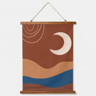 Boho Moon Lines Landschaft Terracotta Beige Blau Wandteppich Mit Holzrahmen