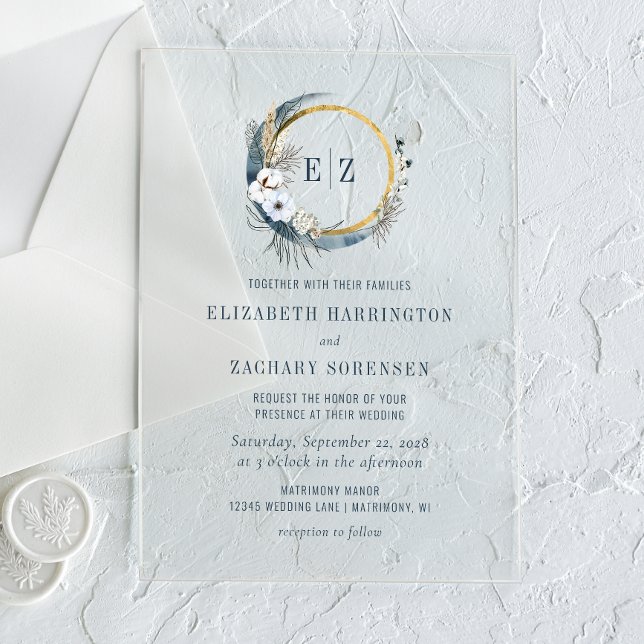 Boho Moon Monogram Wreath Indigo Wedding Acryleinladungen (Von Creator hochgeladen)