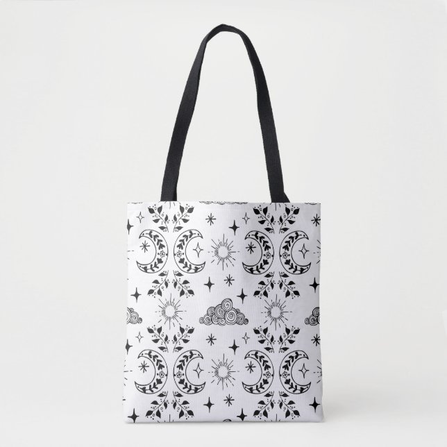 Boho Moon & Sun Tote Bag - Schwarz und Weiß (Vorderseite)