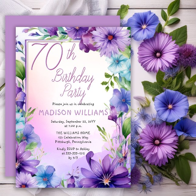 Boho Morning Glories Floral 70th Birthday Party Einladung (Elegant Boho Aster | Morning Glories Floral 70th Birthday Party Invitation Print | Digital Download)