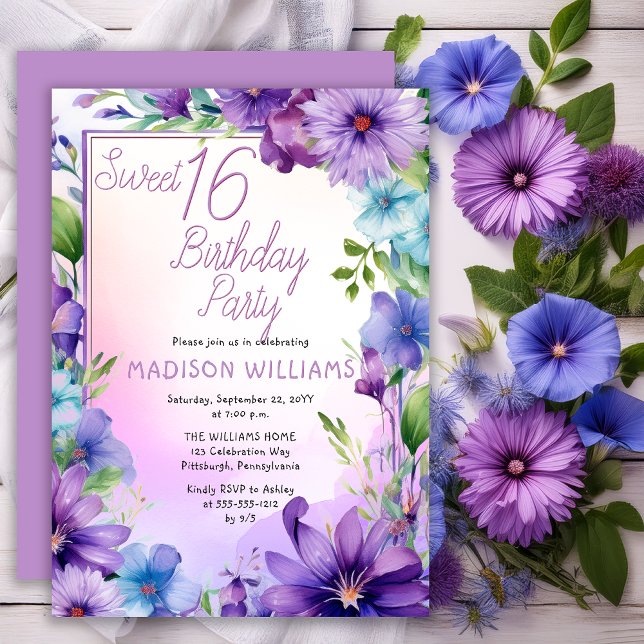 Boho Morning Glories Sweet 16 Birthday Party Einladung (Elegant Boho Aster | Morning Glories Floral Sweet 16 Birthday Party Invitation Print | Digital )