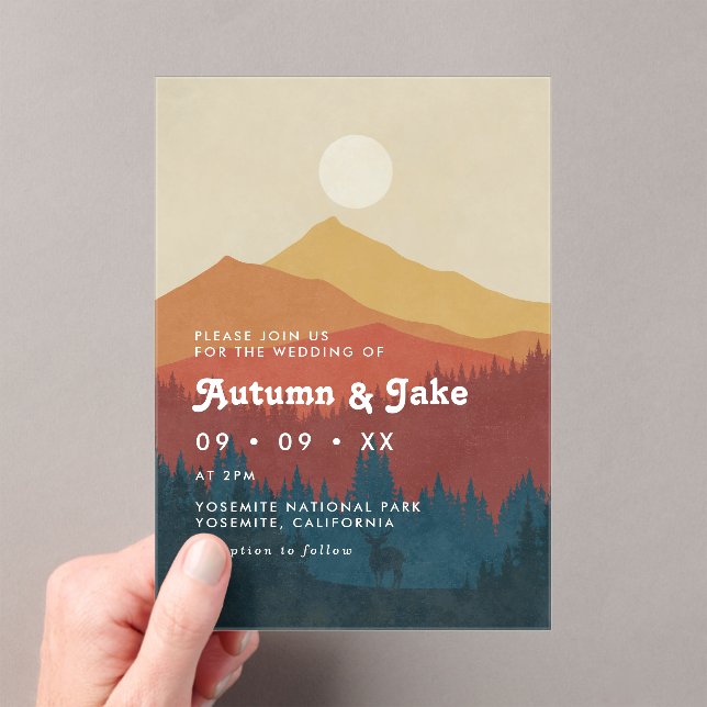 Boho Mountains and Forest 1970er Retro-Hochzeit Acryleinladungen (Insitu (Handheld))