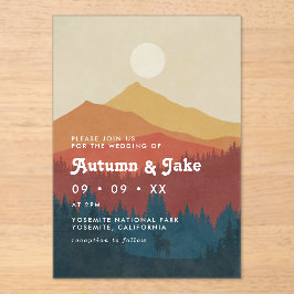 Boho Mountains and Forest 1970er Retro-Hochzeit Acryleinladungen