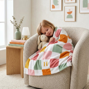 Boho Multicolor Checkerboard Monogram Fleecedecke