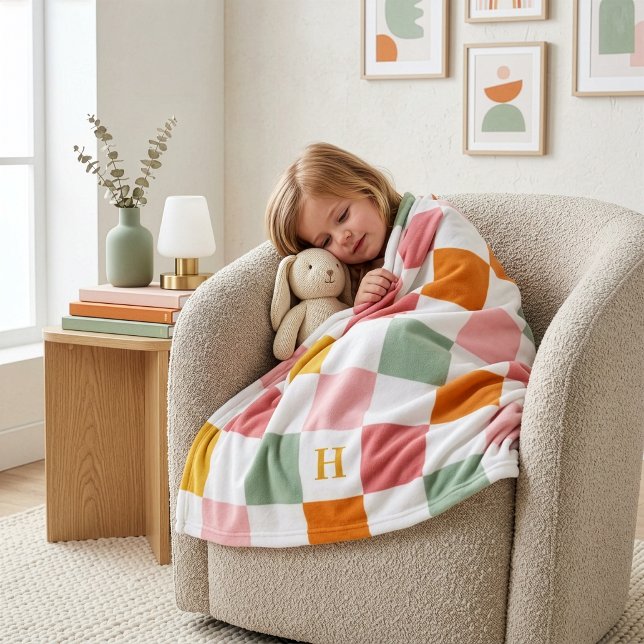 Boho Multicolor Checkerboard Monogram Fleecedecke (Von Creator hochgeladen)