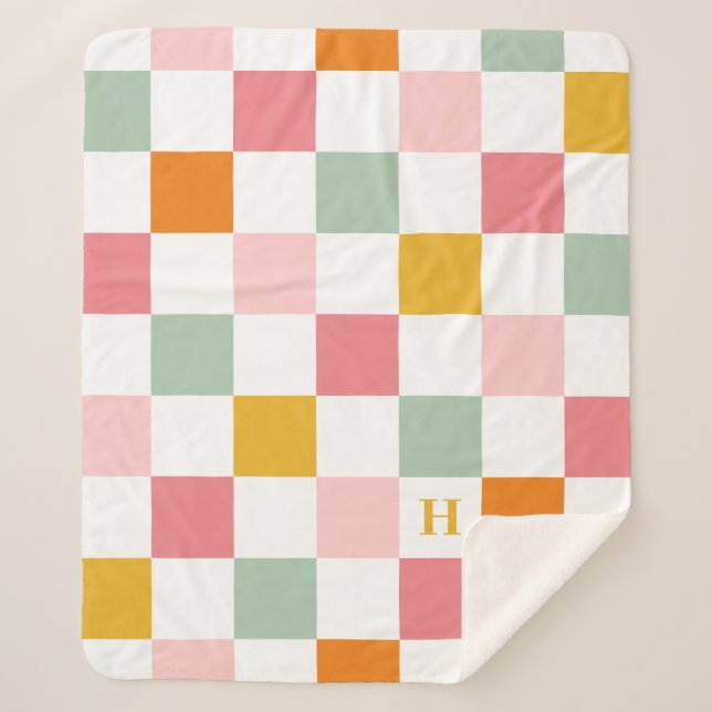 Boho Multicolor Checkerboard Monogram Sherpadecke (Vorderseite)