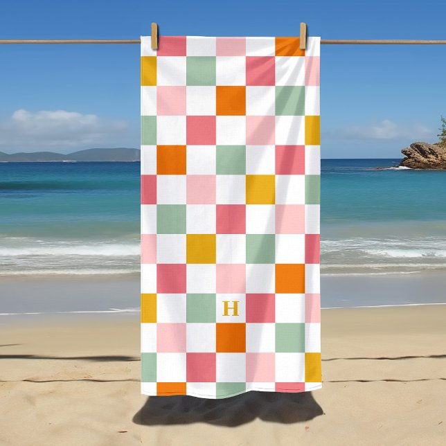Boho Multicolor Checkerboard Monogram Strandtuch (Von Creator hochgeladen)