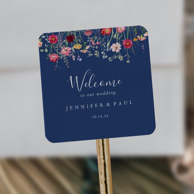 Boho Multicolor Wildblume Wedding Welcome Quadratischer Aufkleber (Von Creator hochgeladen)