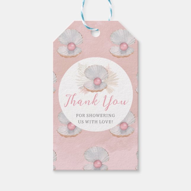 Boho Muschel Pink Pearl Ocean Baby Dusche Gefallen Geschenkanhänger (Vorderseite)