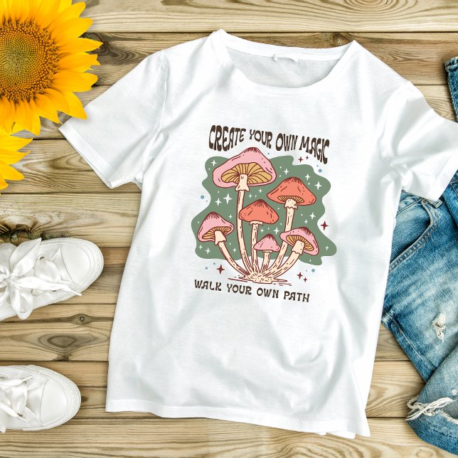 Boho Mushrooms Inspiration Motivierend T-Shirt (Boho Trendy Create Your Own Magic, Walk Your Own Path, Inspirational Motivational Women's T-shirt)