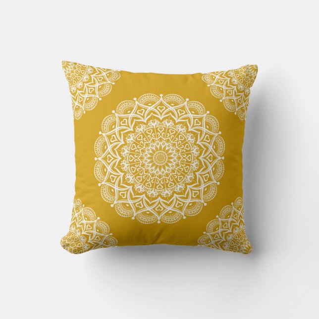 Boho Mustard Yellow Mandala Kissen (Vorderseite)