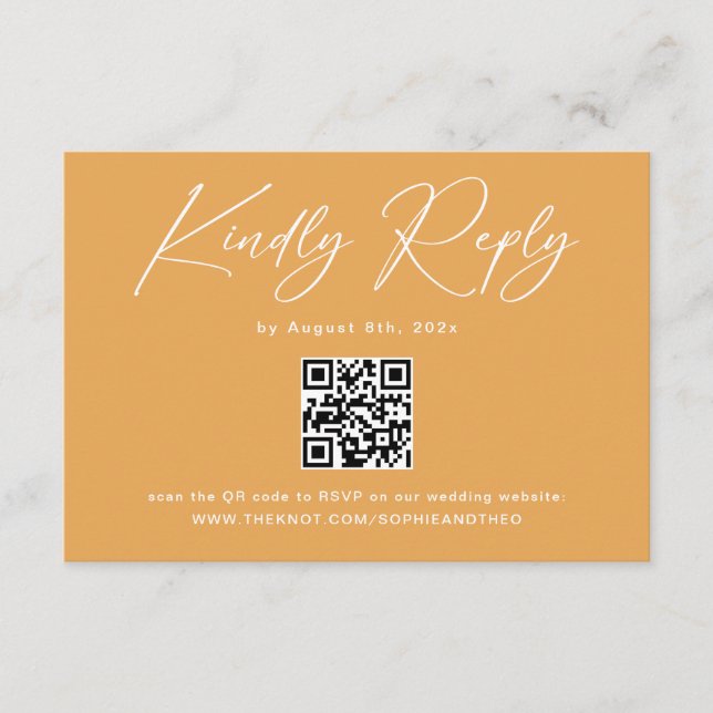 Boho Mustard Yellow QR Code Wedding RSVP Begleitkarte (Vorderseite)