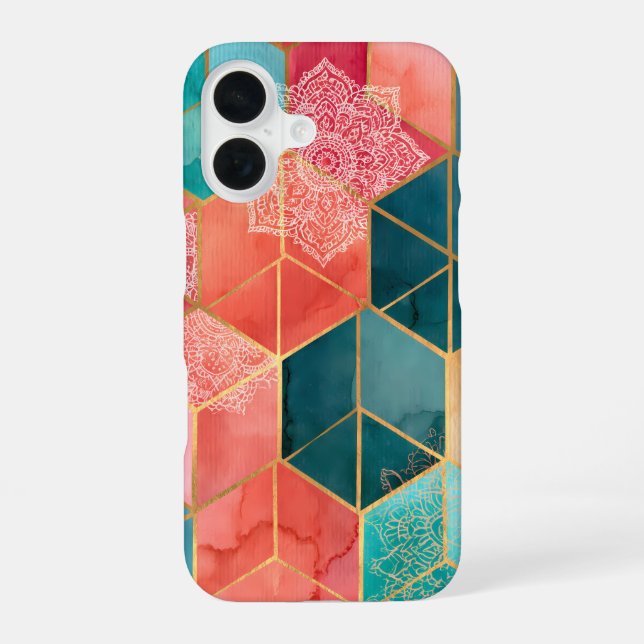 Boho-Muster farbenfrohe Sechseck-Patchwork-Würfel iPhone 16 Hülle (Rückseite)