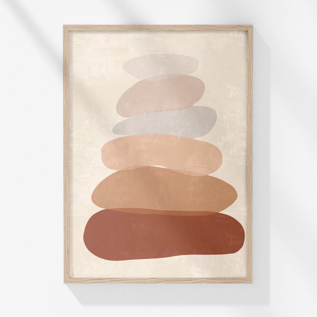 Boho Mute Neutral Abstrakt Zen Stones Art Poster (Boho Muted Neutral Abstract Zen Stones Art Poster in a wooden frame on a sunny white wall.)