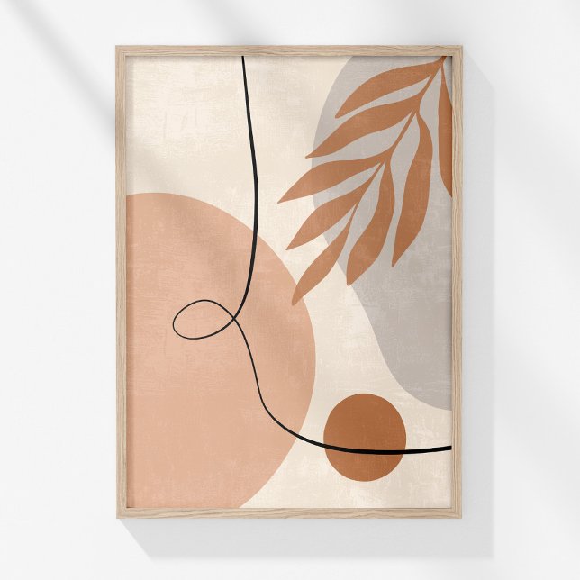 Boho Mute neutrale Abstrakte botanische Mauer Kuns Poster (Boho Muted Neutral Abstract Botanical Wall Art in a wooden frame on a sunny white wall.)