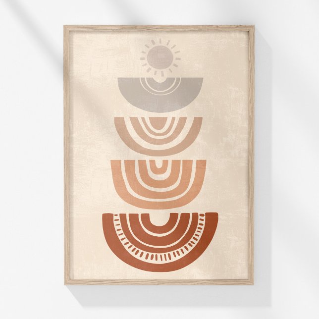 Boho Mute neutrale Abstrakte Sonne und Formen Kuns Poster (Boho Muted Neutral Abstract Sun and Shapes Art Poster in a wooden frame on a sunny white wall.)