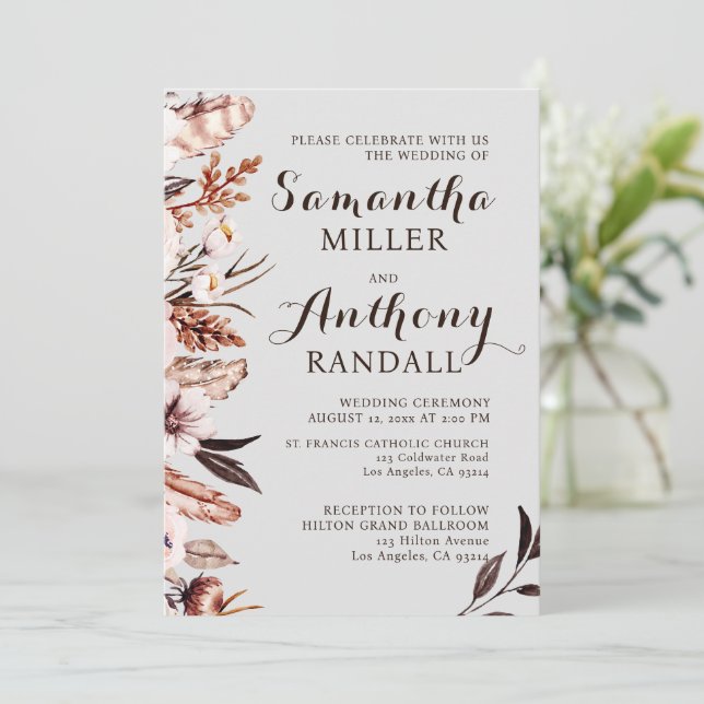 Boho Mute Wasserfarben Blume Einladung Hochzeit (Stehend Vorderseite)