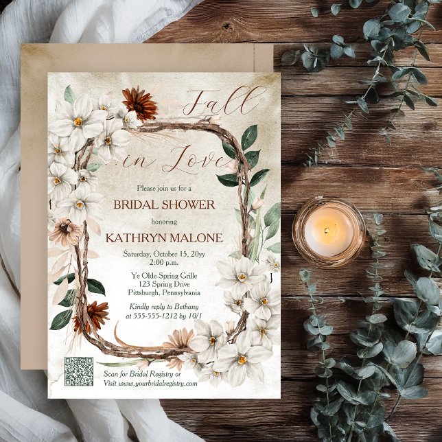 Boho Mutes Fall Blumenfall in Liebe Brautparty Einladung (Boho Muted Fall Floral and Grapevine Wreath "Fall in Love" Bridal Shower Invitation QR Code Registry)