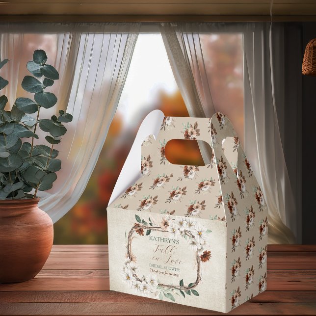 Boho Mutes Fall Floral Brautparty Geschenkschachtel (Boho Muted Fall Floral and Grapevine Wreath "Fall in Love" Bridal Shower Favor Box - Gabled)