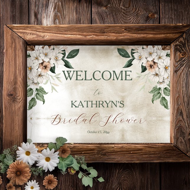 Boho Mutes Fall Floral Brautparty Poster (Boho Muted Fall Floral and Grapevine Wreath "Fall in Love" Bridal Shower Welcome Poster)