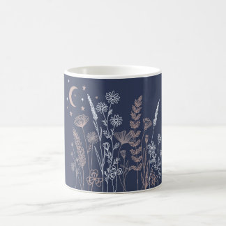 Boho-Nacht-Himmel-Blumenillustration – Mond, Stern Kaffeetasse