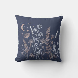 Boho-Nacht-Himmels-Blumenillustration – Mond, Ster Kissen