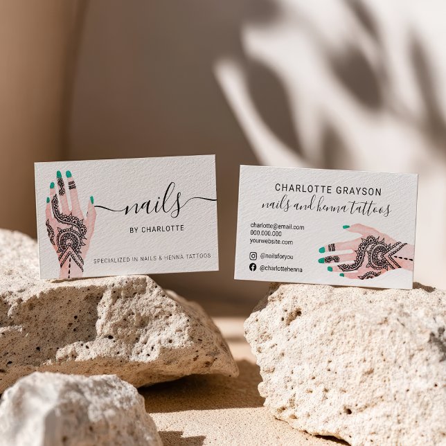Boho nails grün henna tattoos Abbildung Visitenkarte (Boho nails green henna tattoos illustration business card)