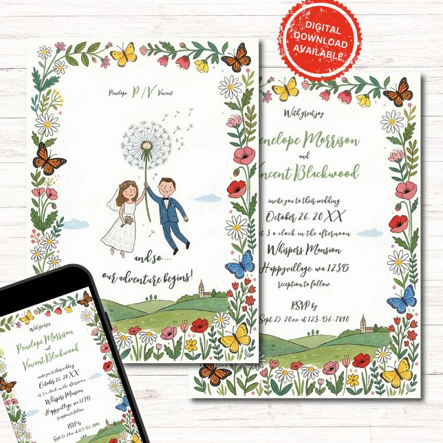 Boho Naive Kunst Hochzeit im Stil eines Paares Einladung (Von Creator hochgeladen)