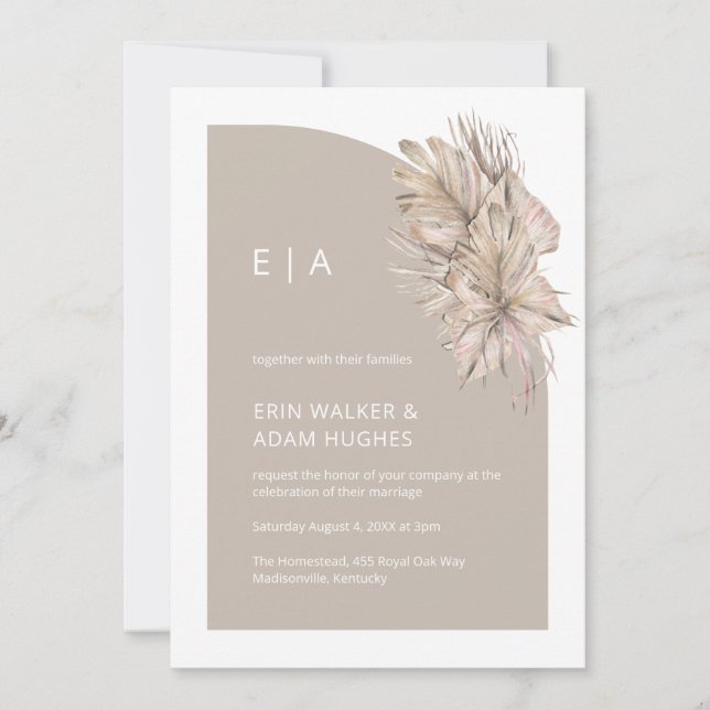 Boho Natural Minimalistisch Monogram Half Arch Wed Einladung (Vorderseite)