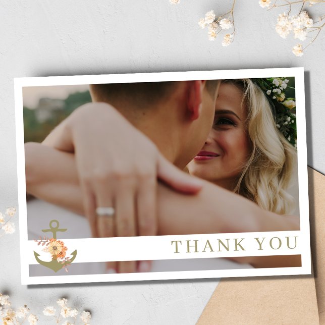 Boho Nautical Beach Foto Wedding Dankeschön Card Dankeskarte (Boho Nautical Beach Photo Wedding Thank You Card)